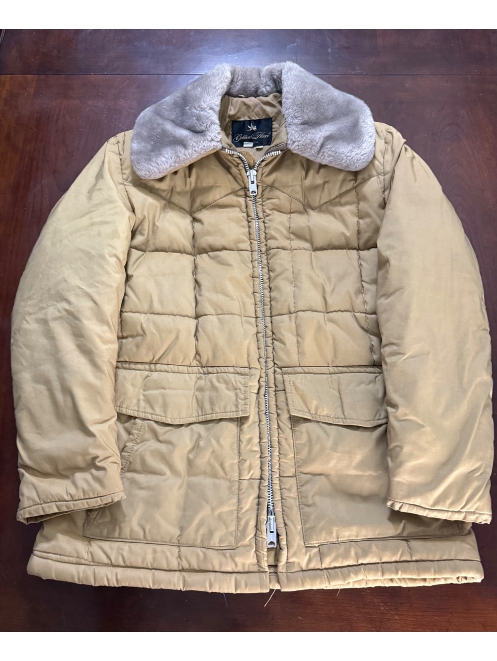 Vtg Spiewak Golden Fleece Puffer Jacket Womens L Tan Fur Collar Quilted Coat USA